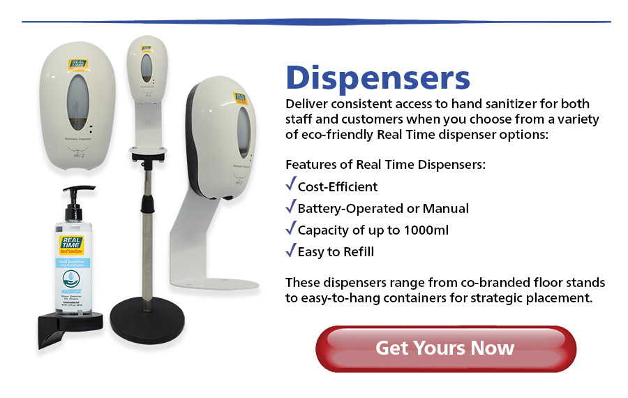 The Real Time Hand Sanitizer Dispenser is completely customizable, making it valuable to any business or organization. The Wall Mount dispenser can interchangeably be hung on a wall, or placed on the Countertop or Floor Stand module, giving it great versatility. Move and place them in the location that’s most convenient and needed.