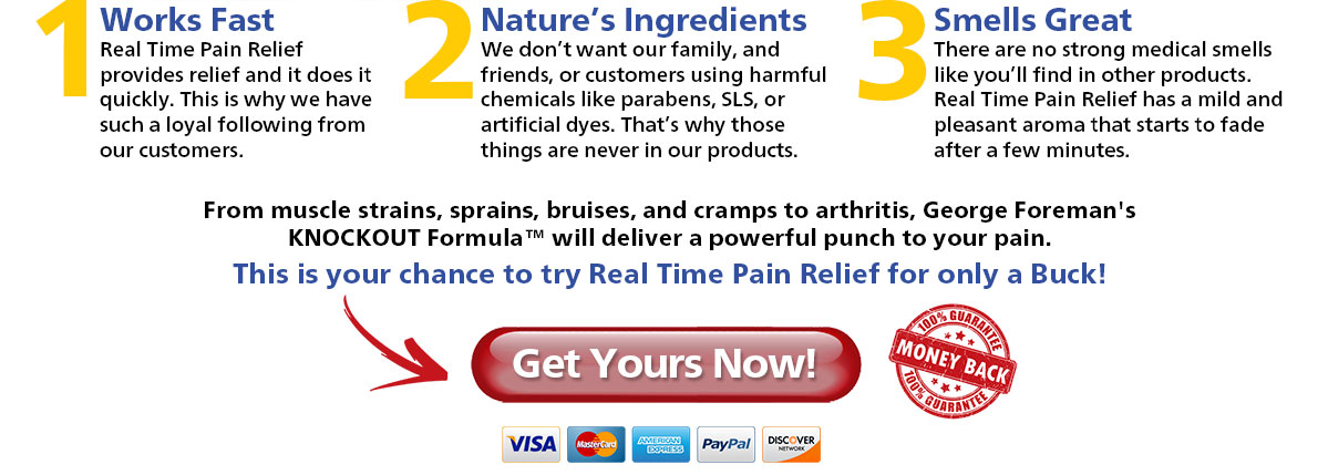 Works Fast...Nature's Ingredients...Smells Great.  This is your chance to try Real Time Pain Relief for only a Buck...Click to get yours